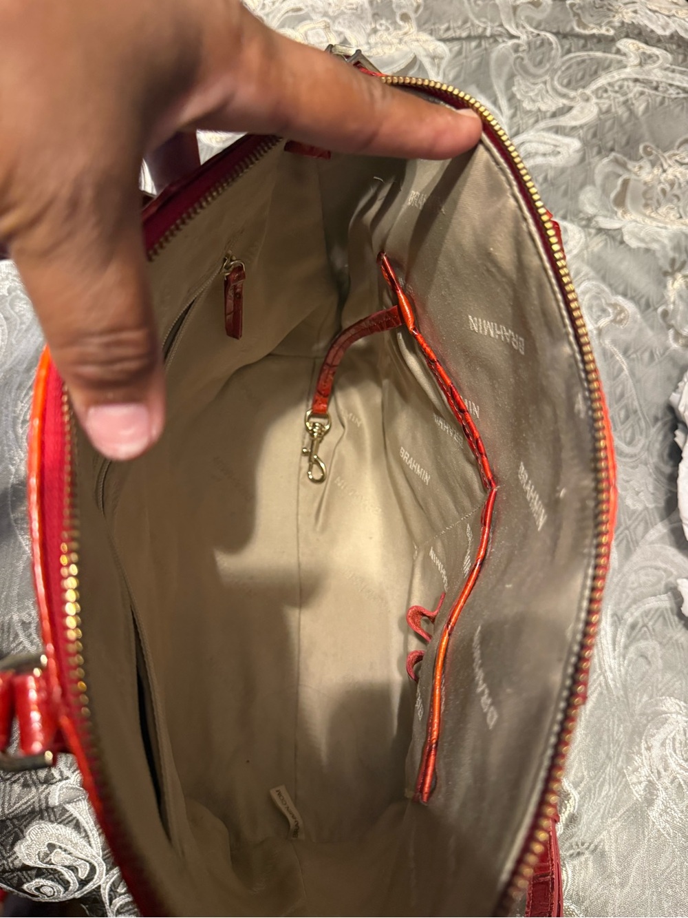 Brahmin Red Embossed Leather Satchel with Gold Hardware - Picture 4 of 4
